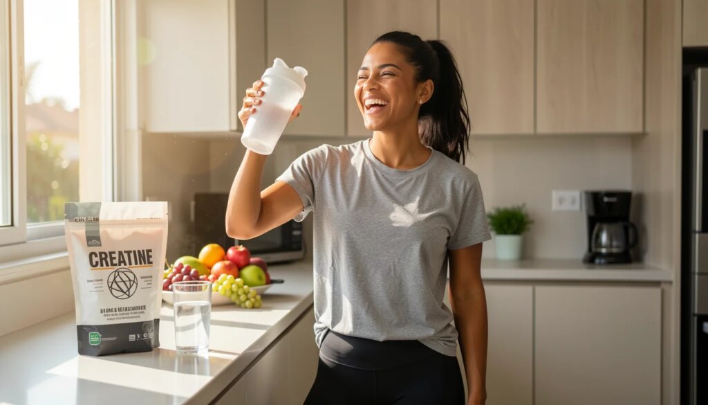 Mulher feliz segurando shake de creatina em cozinha moderna após treino