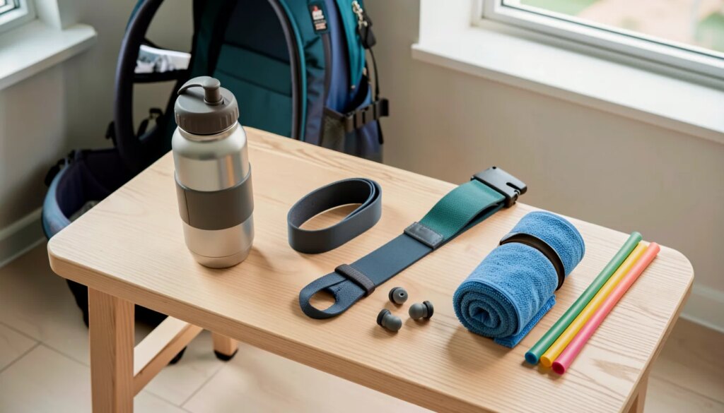 Acessórios que deixam o treino mais prático e cortam o tempo perdido na mochila Acessórios compactos de academia organizados sobre bancada de madeira ao lado da mochila aberta