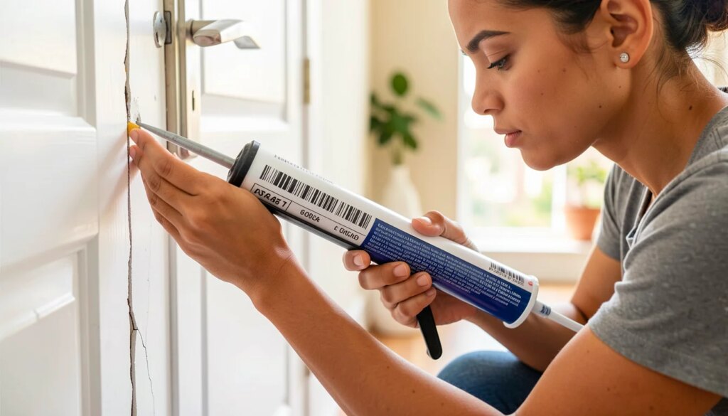 Controle de pragas em Passo Fundo: plano anual de prevenção e manejo Mulher vedando fresta sob a porta com silicone para prevenir pragas